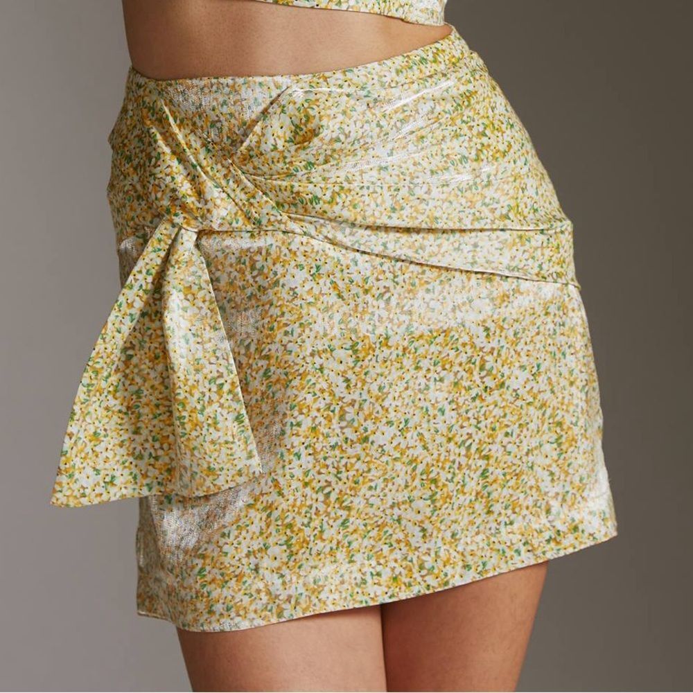 NWT Sabina Musayev Anthropologie Fitted Mini Skirt Floral Yellow M Bow Tie Front